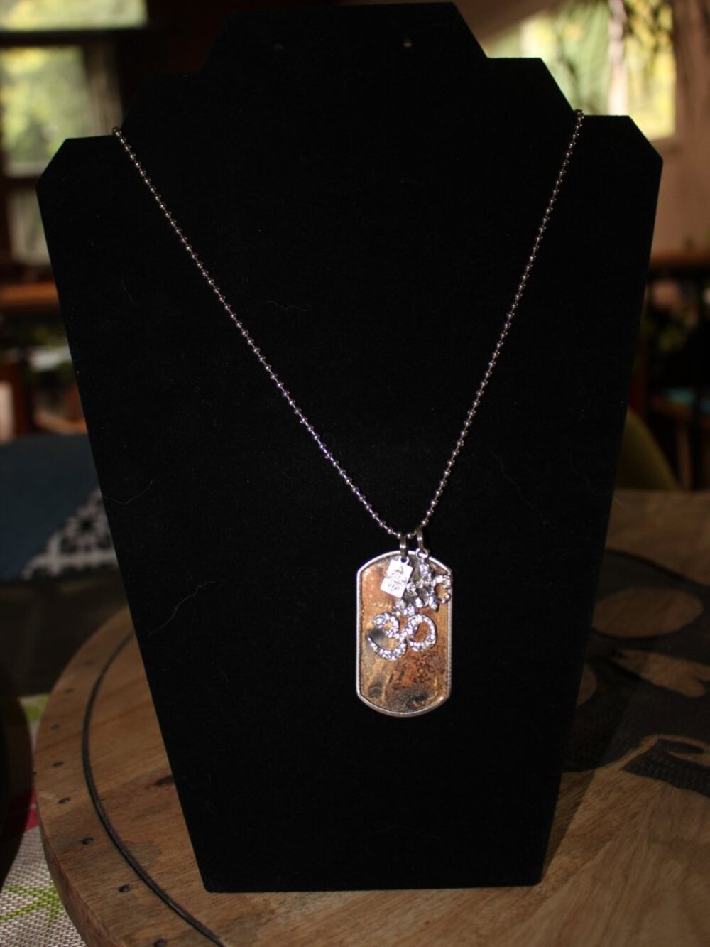 Kate Mesta OM Crystal Dog Tag Necklace Swarovski Fleur De Lis